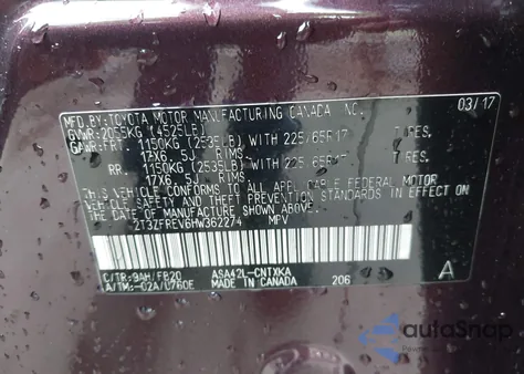 2017 Toyota Rav4 Le z USA, uszkodzony, nr VIN 2T3ZFREV6HW362274